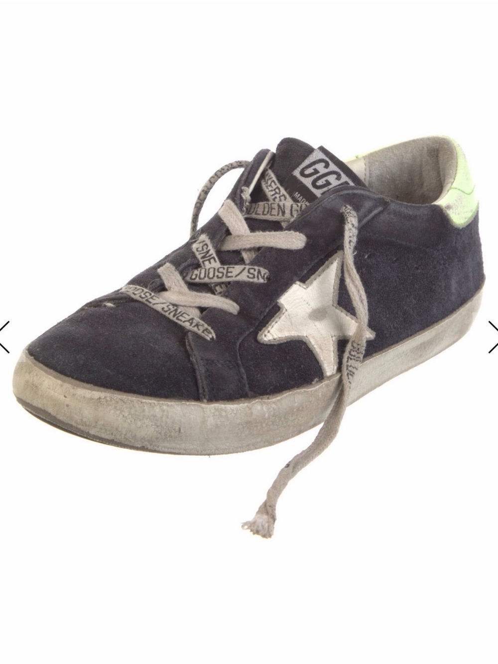 Golden Goose women’s Navy Suede Star Sneaker with White Star and Neon Green Heel